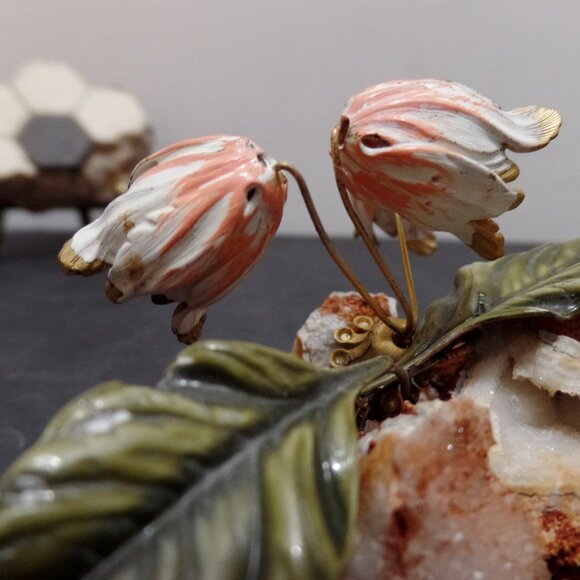 Hand Crafted And Enameled Flowers In Natural Golden Coral Rock Formation - Picture 7 of 10